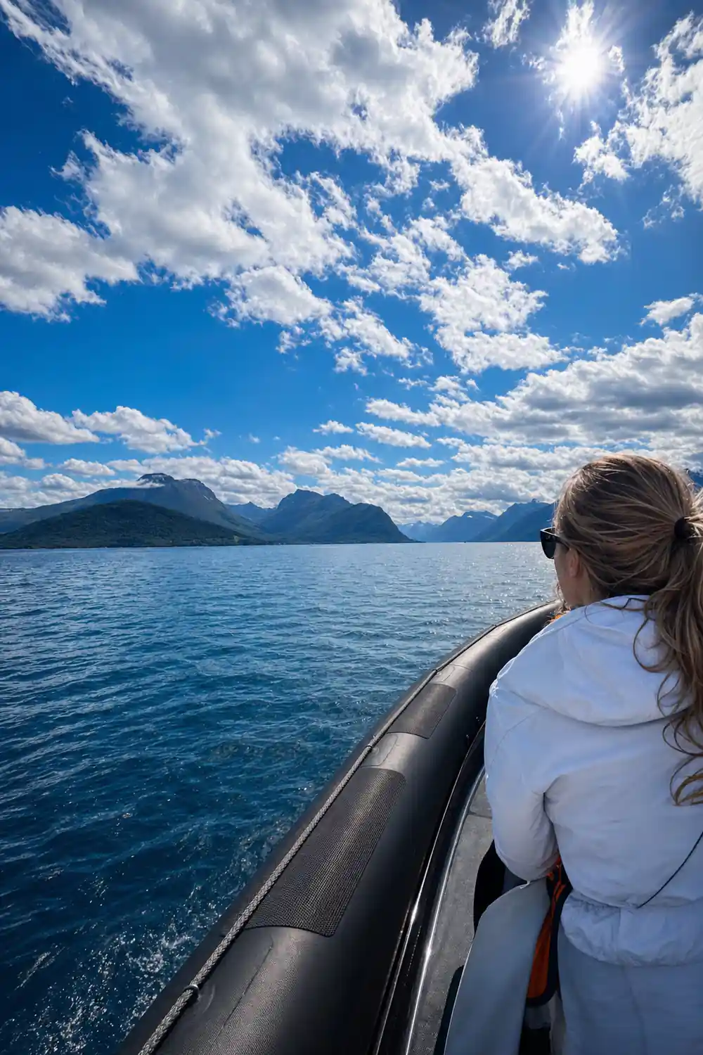Inflatable boat with passengers on mountain fjord water