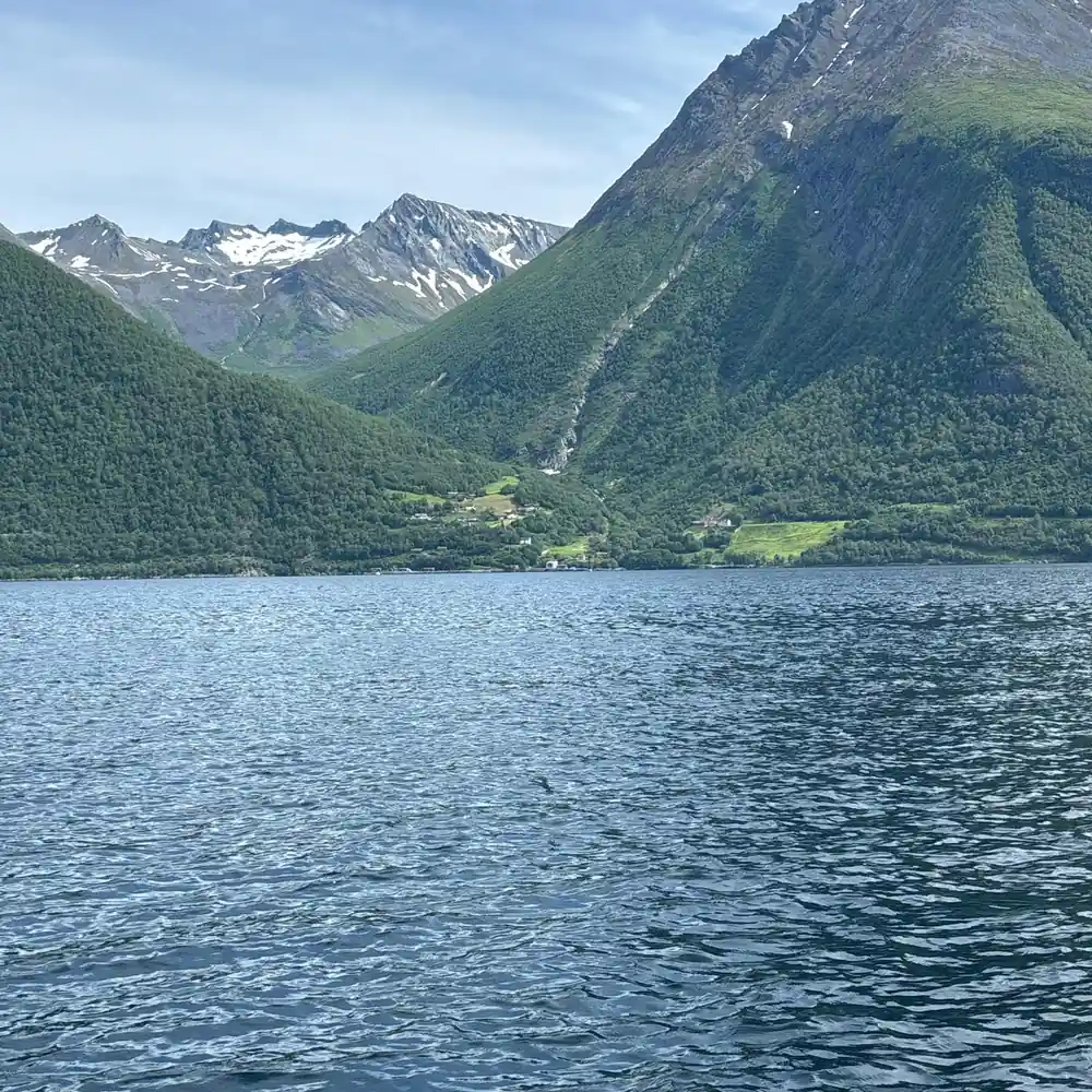 Lake bordered by steep forested mountains with small settlements