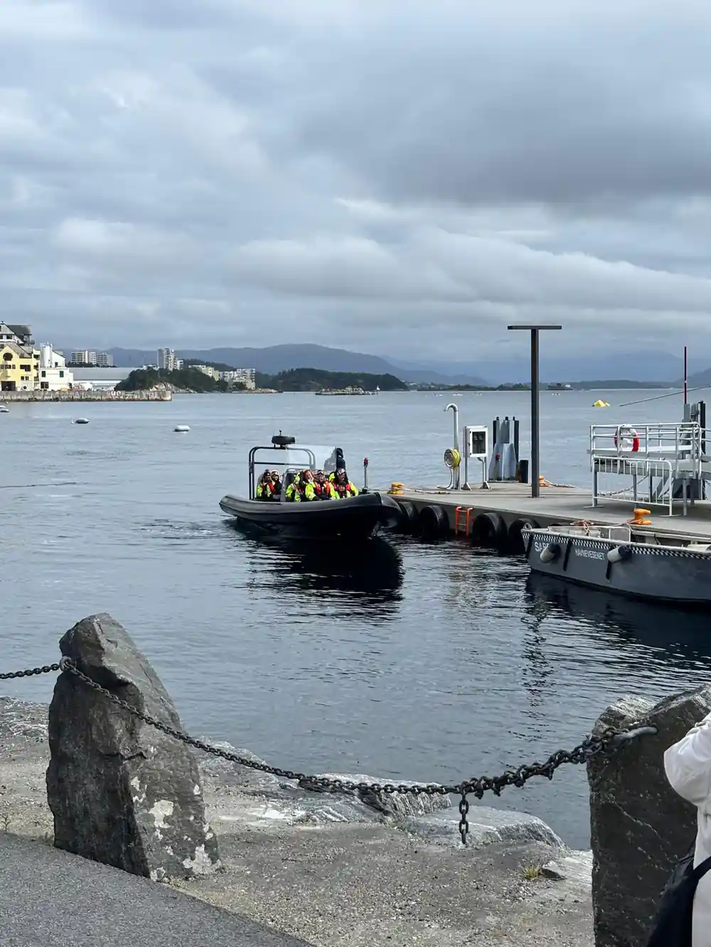 Passenger boat at dock with town and mountains background