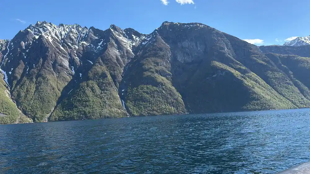 Steep green mountains meeting calm blue fjord water